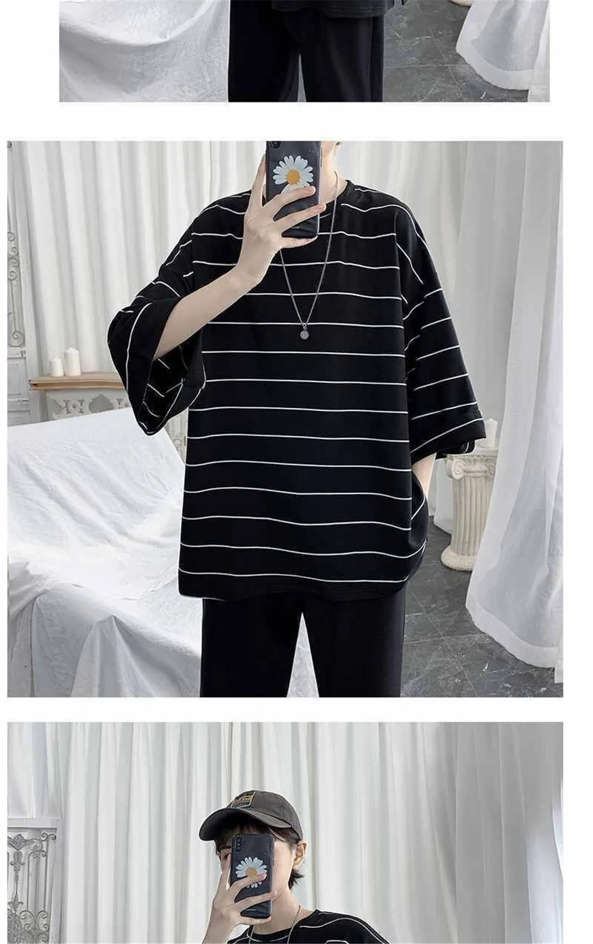2026 Summer Oversized T-Shirt Men Funny Harajuku Tshirt Streetwear Femme Striped Japan Hip Hop Loose Half Sleeve T Shirts Male