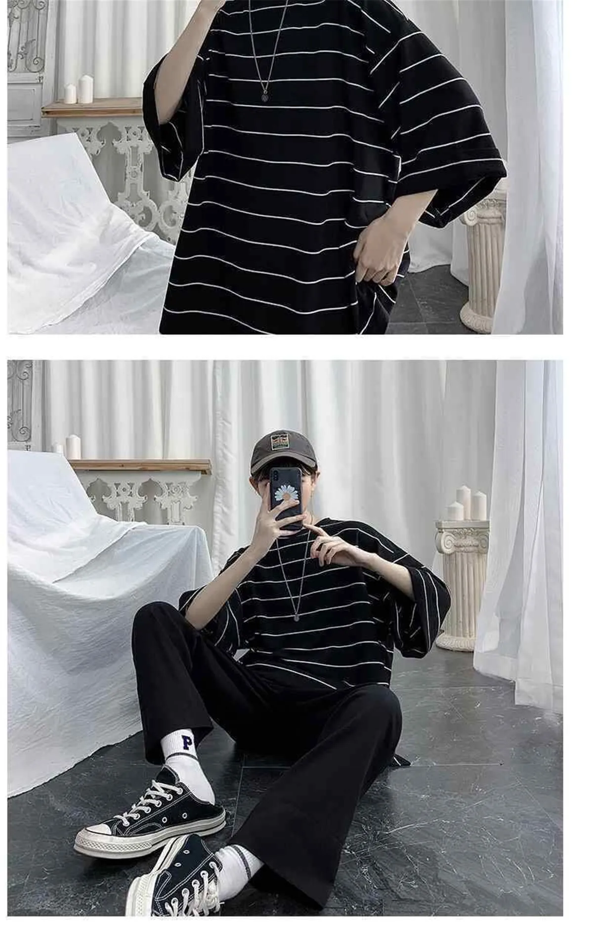 2026 Summer Oversized T-Shirt Men Funny Harajuku Tshirt Streetwear Femme Striped Japan Hip Hop Loose Half Sleeve T Shirts Male