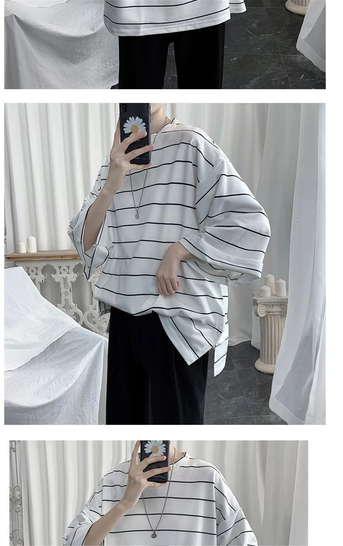 2026 Summer Oversized T-Shirt Men Funny Harajuku Tshirt Streetwear Femme Striped Japan Hip Hop Loose Half Sleeve T Shirts Male