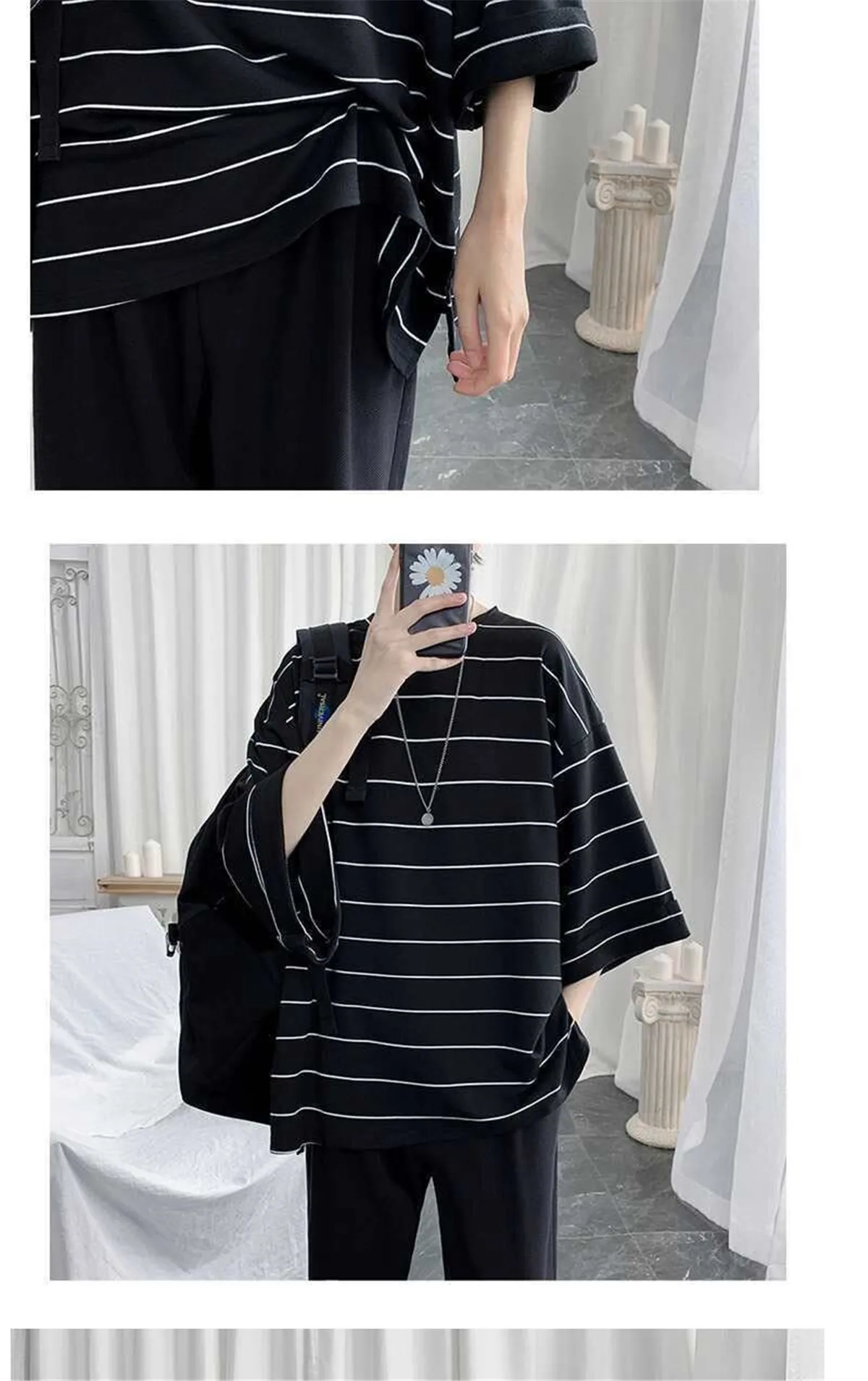 2026 Summer Oversized T-Shirt Men Funny Harajuku Tshirt Streetwear Femme Striped Japan Hip Hop Loose Half Sleeve T Shirts Male