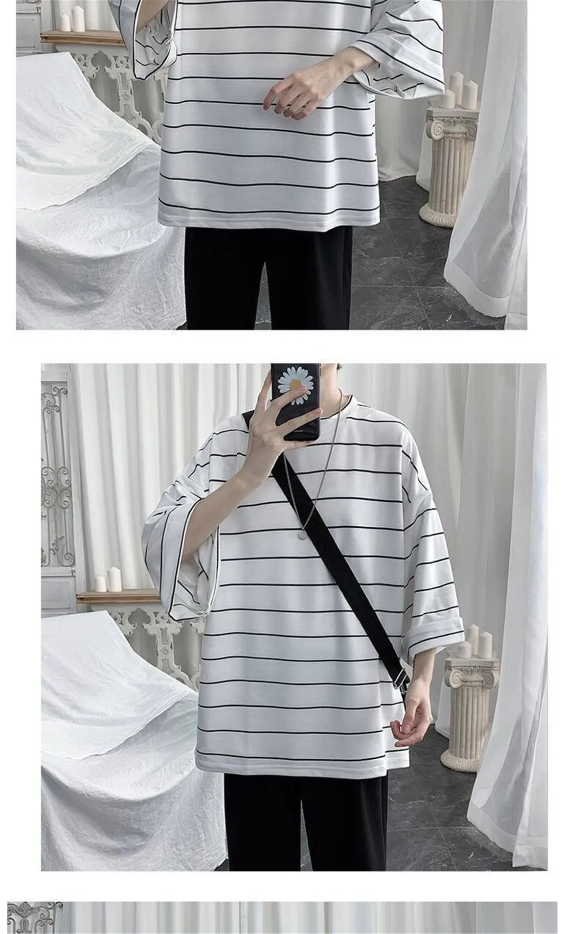 2026 Summer Oversized T-Shirt Men Funny Harajuku Tshirt Streetwear Femme Striped Japan Hip Hop Loose Half Sleeve T Shirts Male