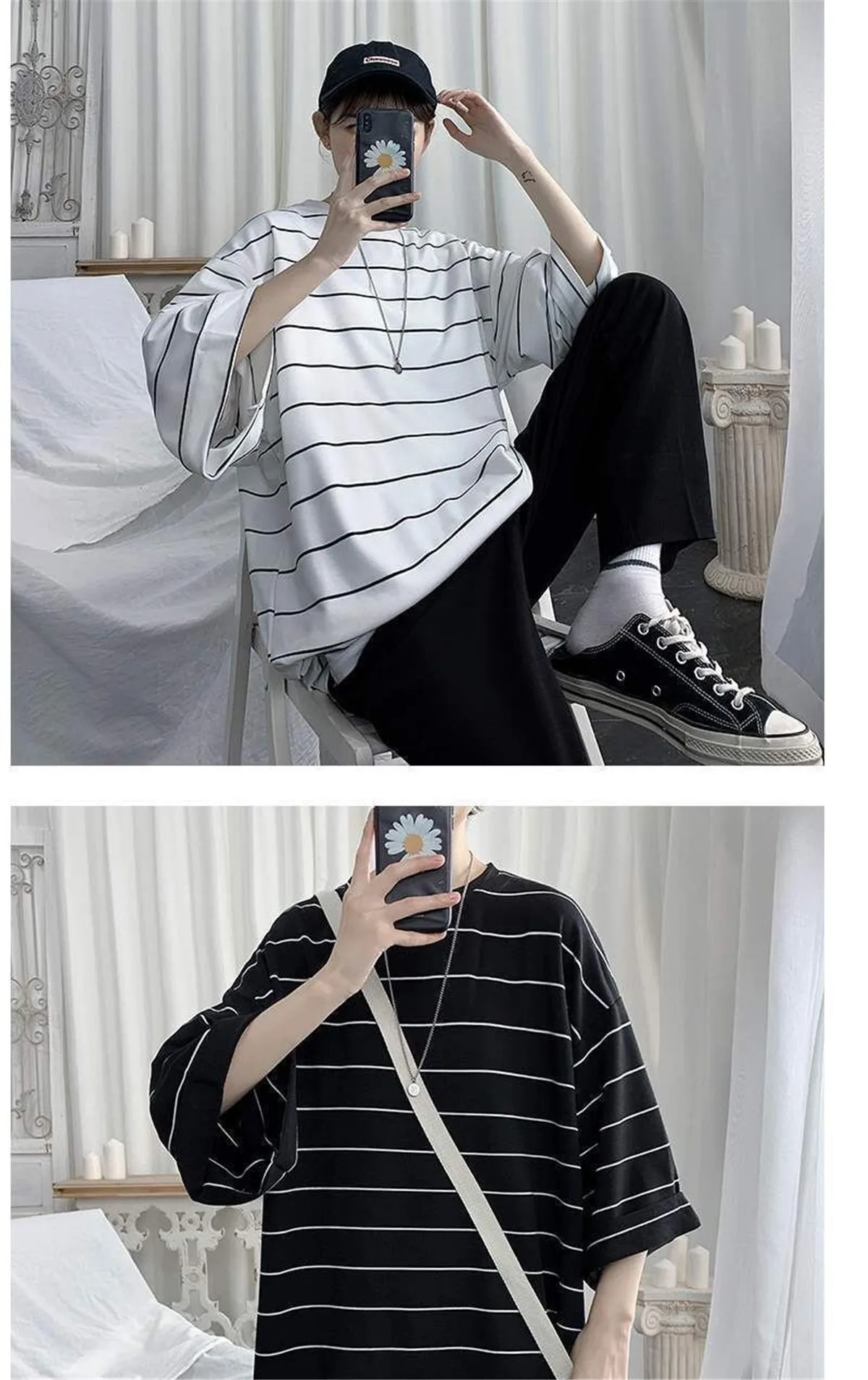 2026 Summer Oversized T-Shirt Men Funny Harajuku Tshirt Streetwear Femme Striped Japan Hip Hop Loose Half Sleeve T Shirts Male