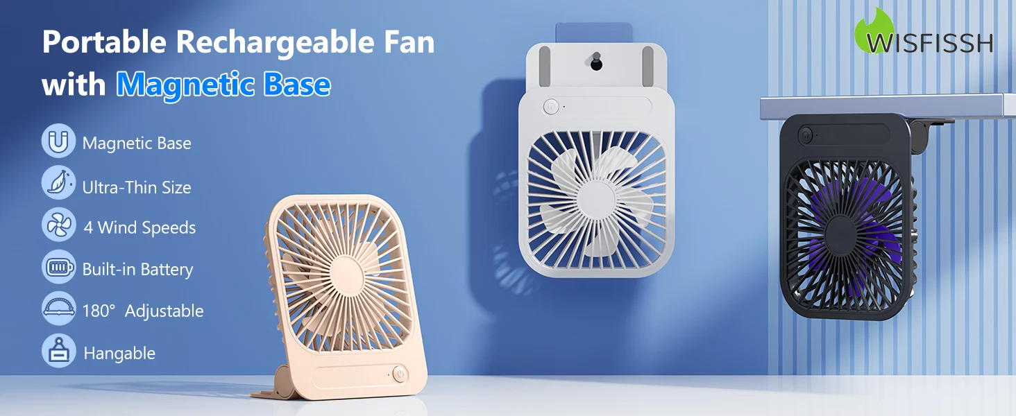 Eary 1200mAh Portable Magnetic Desk Fan Ultra-thin USB Rechargeable Fan 180°Adjustable 4 Speeds Wall Fans Personal Cooling Fans