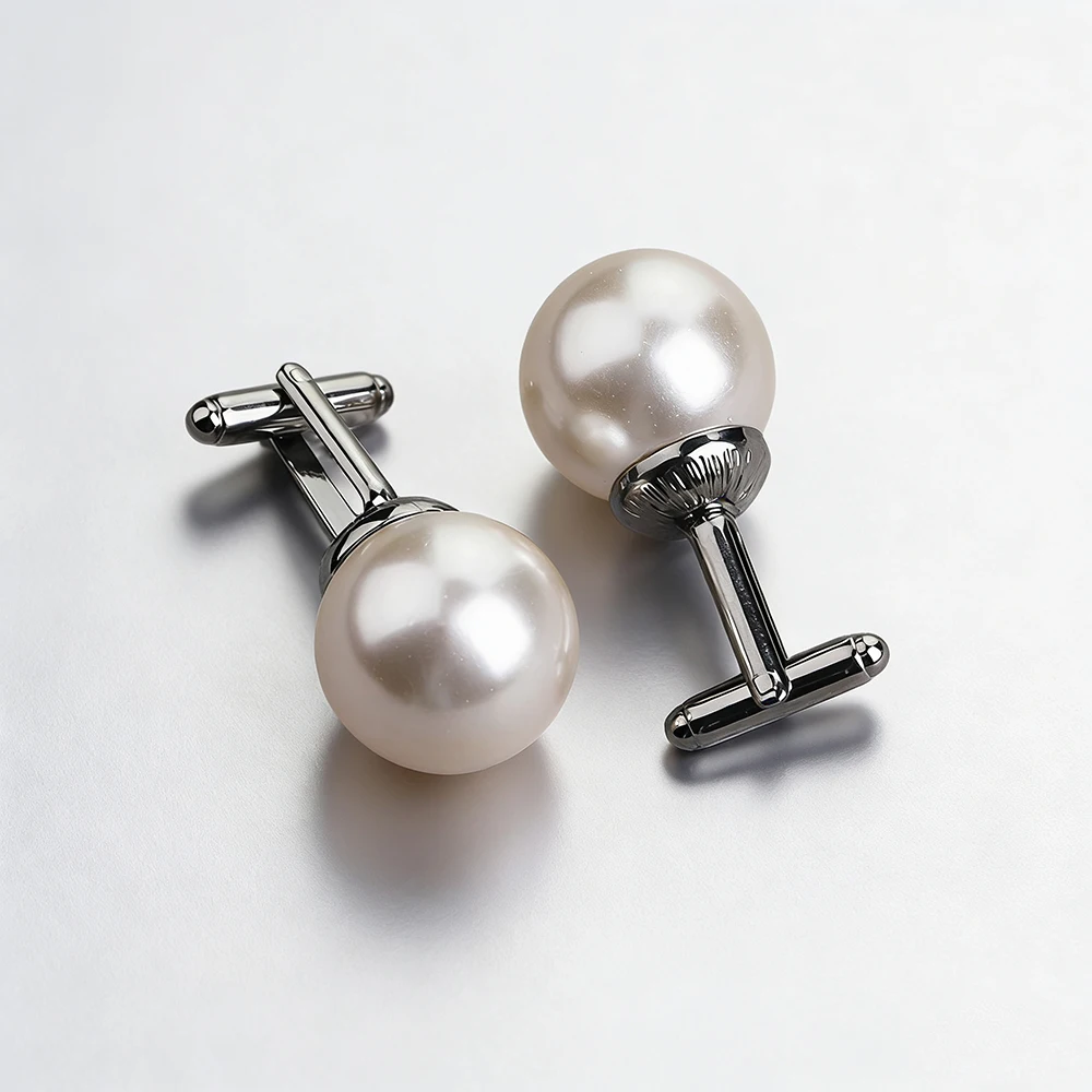 Luxury White Round Pearl Cufflinks for Men Elegant Wedding Business Shirt Cuff Buttons Premium Formal Dress Jewelry Accessories