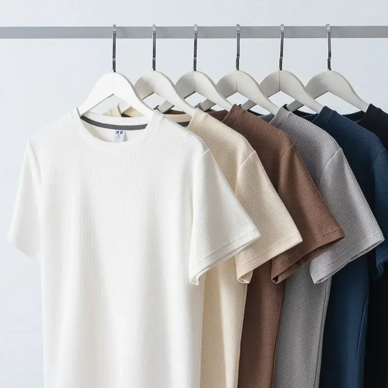 Men's Summer Waffle Round Neck Short Sleeve T-Shirt Comfortable Breathable Short-Sleeved Top for Casual Wear Streetwear Tshirt