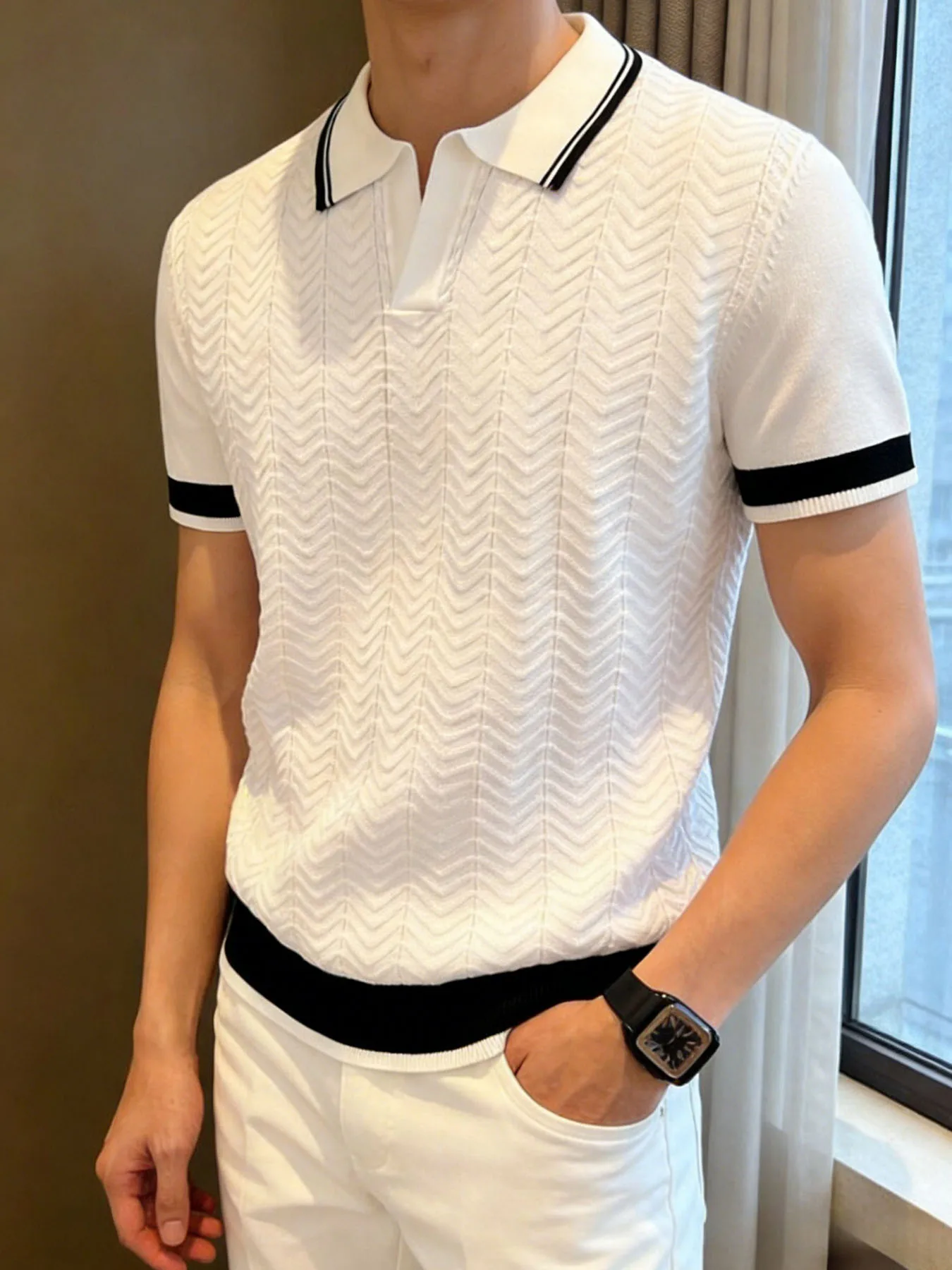 Summefashion Patchwork Knitted Polo Shirts Men Business Casual Turn Down Collar Knit Polos Male Vintage Short Sleeve Tees Tops