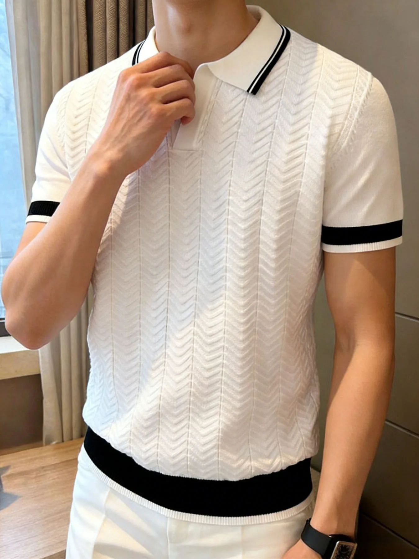 Summefashion Patchwork Knitted Polo Shirts Men Business Casual Turn Down Collar Knit Polos Male Vintage Short Sleeve Tees Tops