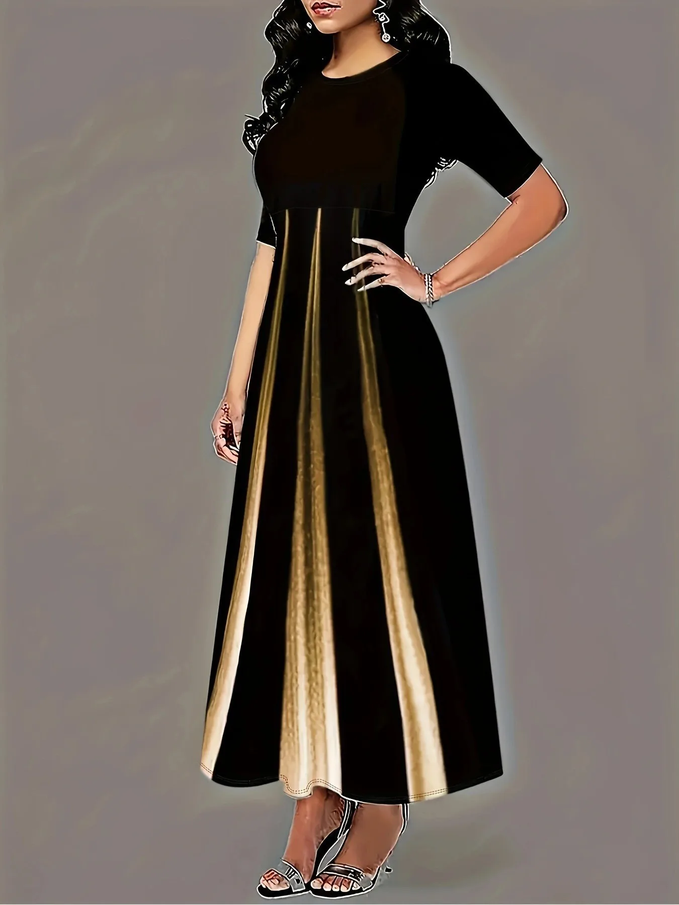 Large size summer round neck temperament socialite print gradient plus size long skirt for women