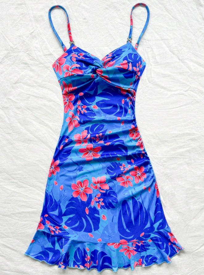 Women's Cami Mini Dress Blue Tropical Floral Print Spaghetti Strap Ruched Ruffle Hem Bodycon Summer Beach Party Mini Dress