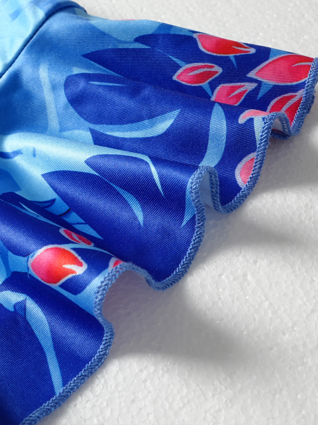 Women's Cami Mini Dress Blue Tropical Floral Print Spaghetti Strap Ruched Ruffle Hem Bodycon Summer Beach Party Mini Dress