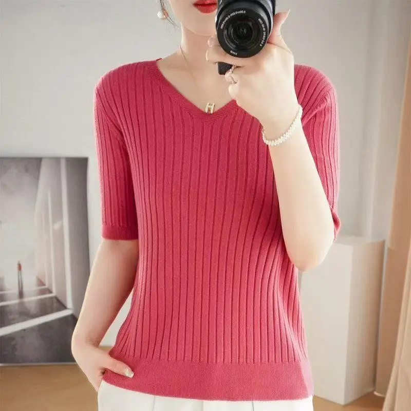 Summer New Loose Women's Wool Knitted V-ne ort Sve T-irt Spring Autumn Base irt Top Comfortable Breathable