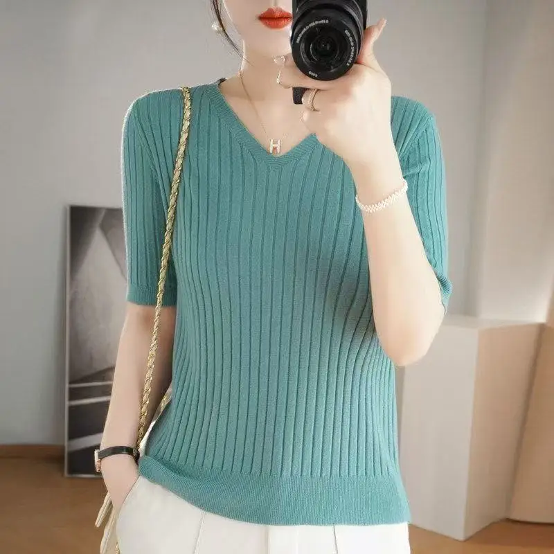 Summer New Loose Women's Wool Knitted V-ne ort Sve T-irt Spring Autumn Base irt Top Comfortable Breathable
