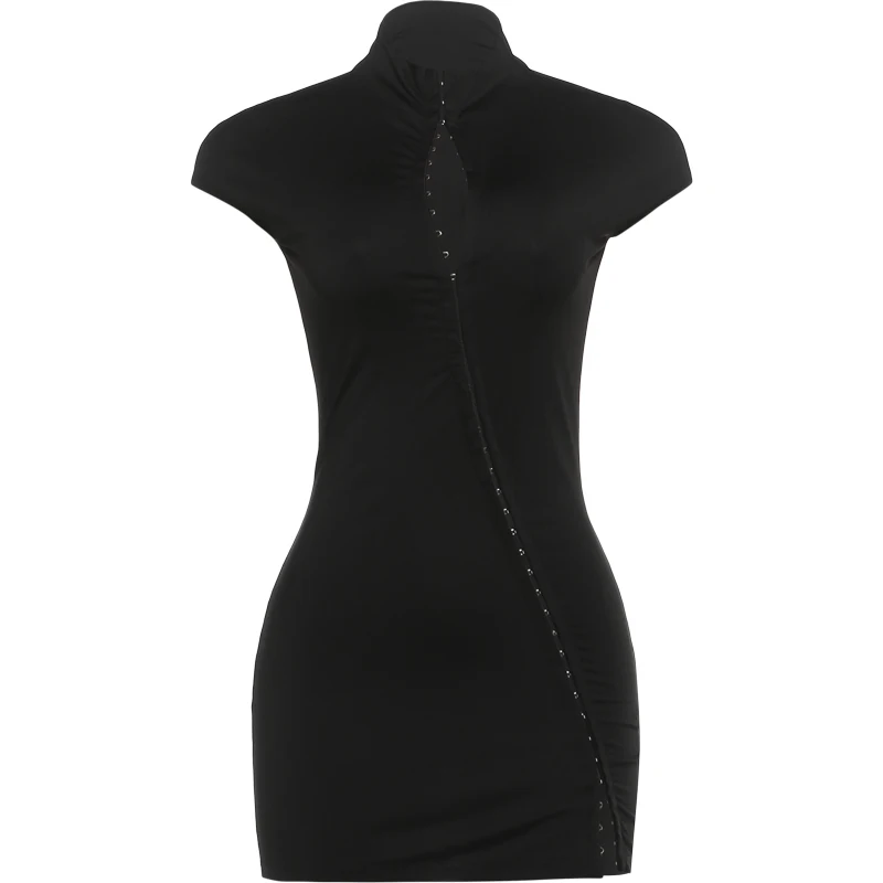 Kliou High Street Style Mini Dress Woman Half High Collar Irregular Single-Breasted Hidden Buttons Mini Sleeve Elegant Bodycom