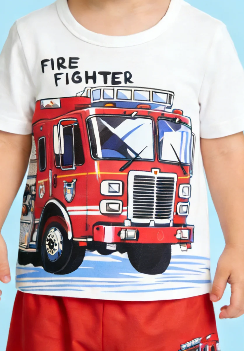 Summer New Arrival Boys White Red Color Block Fire Truck Print Short Sleeve Shorts Set