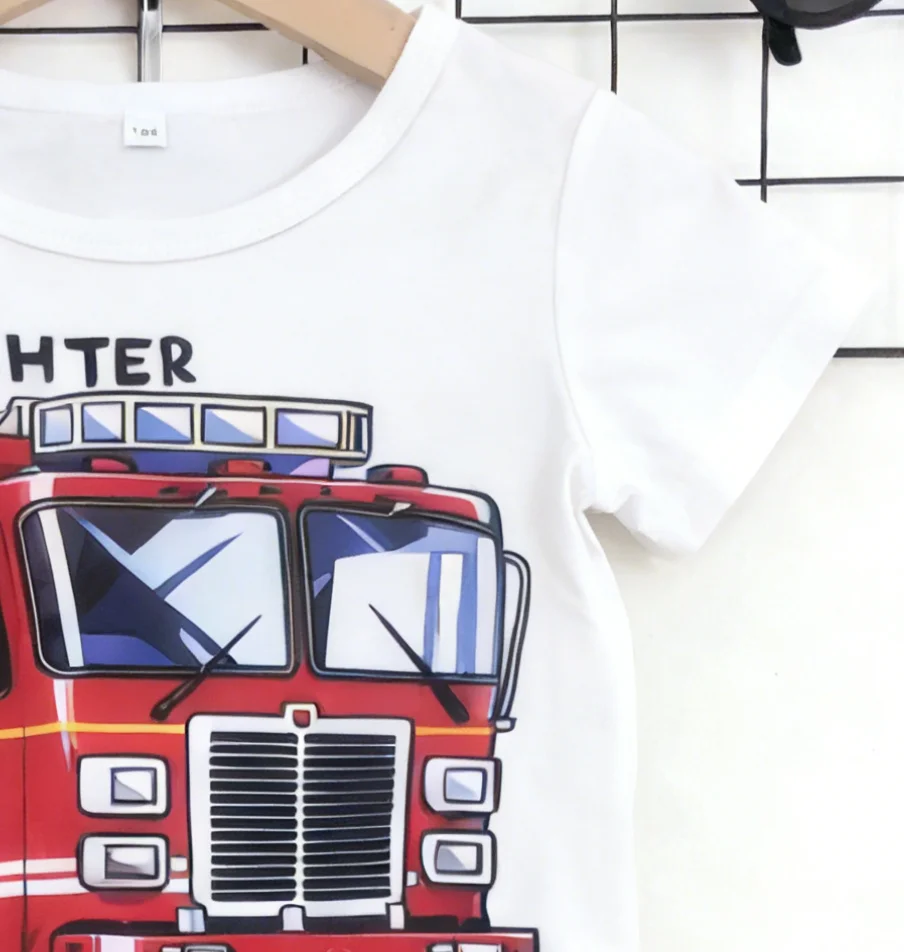 Summer New Arrival Boys White Red Color Block Fire Truck Print Short Sleeve Shorts Set