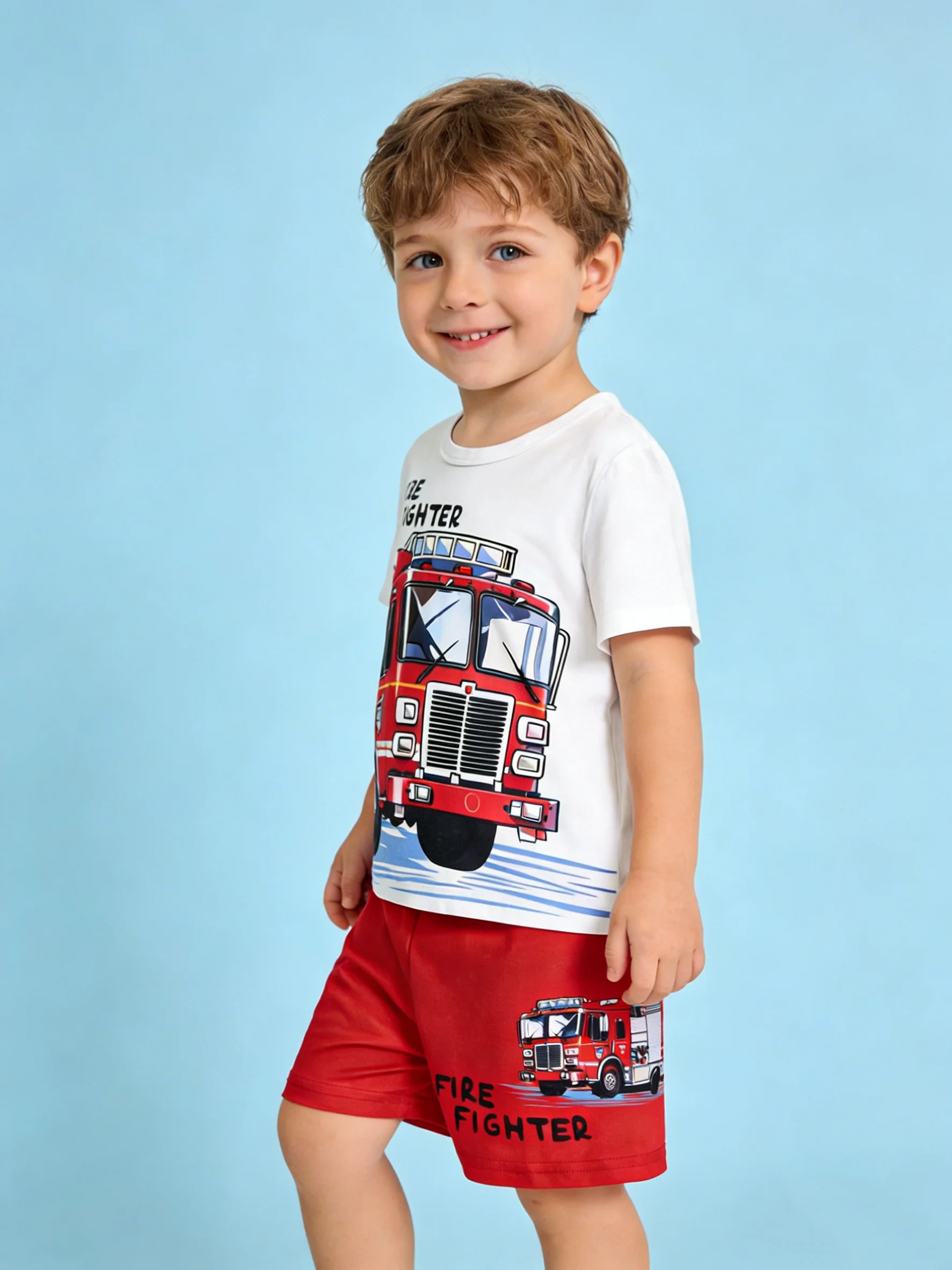 Summer New Arrival Boys White Red Color Block Fire Truck Print Short Sleeve Shorts Set