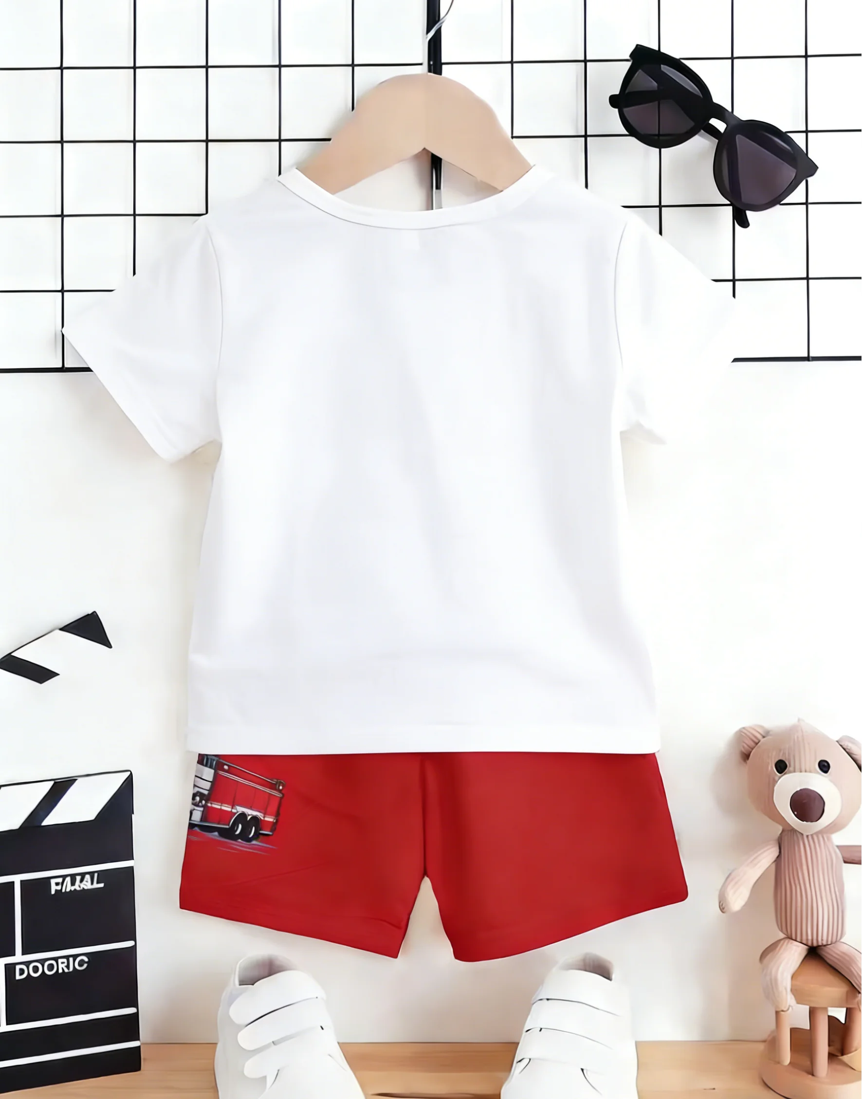 Summer New Arrival Boys White Red Color Block Fire Truck Print Short Sleeve Shorts Set