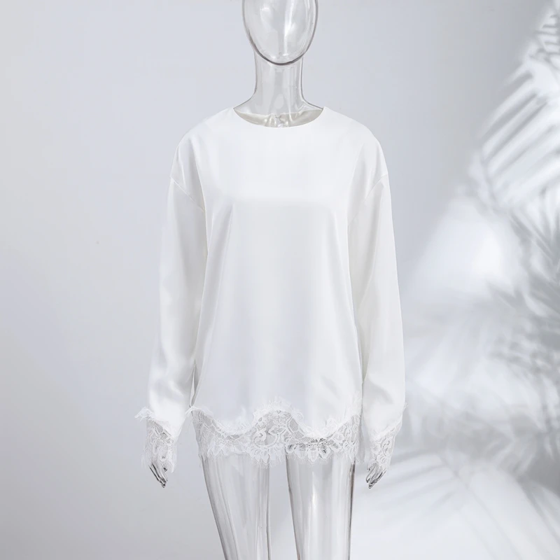 Women Satin Lace Patchwork Dress Long Sleeve O-neck Casual 2026 Spring Female Dresses Casual Solid Beach Robe not contain pearls