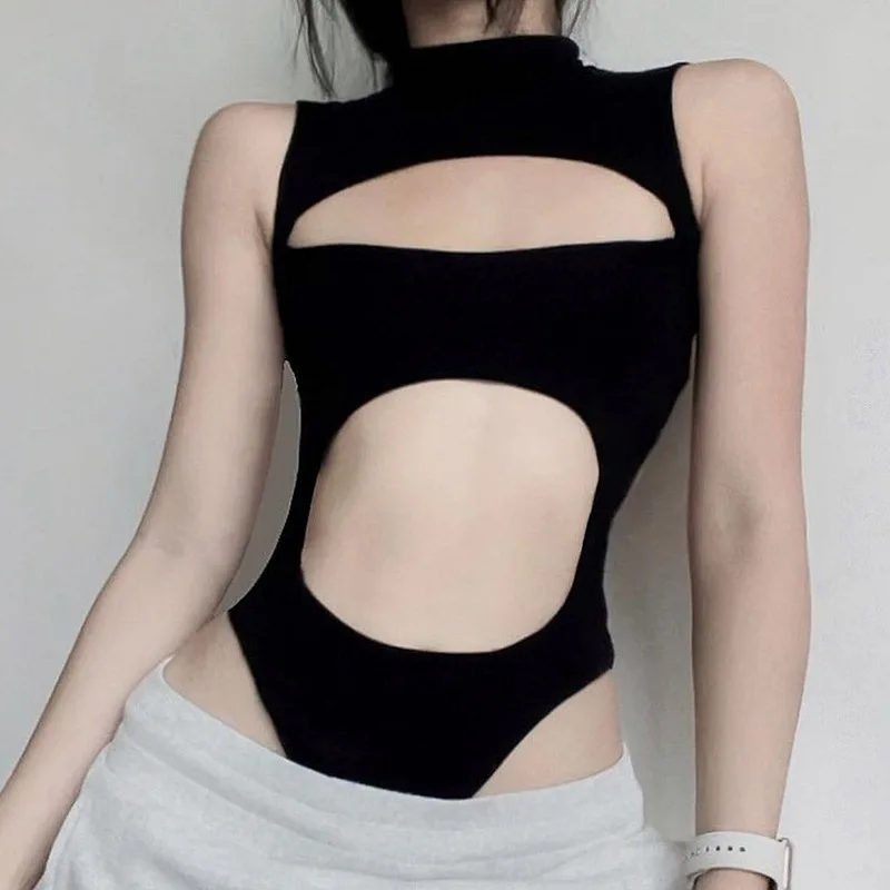 Sexy hollow out exposed navel women's jumpsuit, slim fit backless high neck sleeveless black jumpsuit