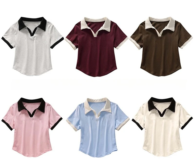 2026 Spring Summer Sexy Crop Tops Women's Color Block V-Neck Short Sleeve Polo Shirt Chic Slim Fit Versatile T-Shirt