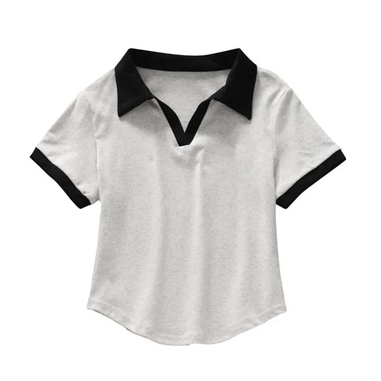2026 Spring Summer Sexy Crop Tops Women's Color Block V-Neck Short Sleeve Polo Shirt Chic Slim Fit Versatile T-Shirt