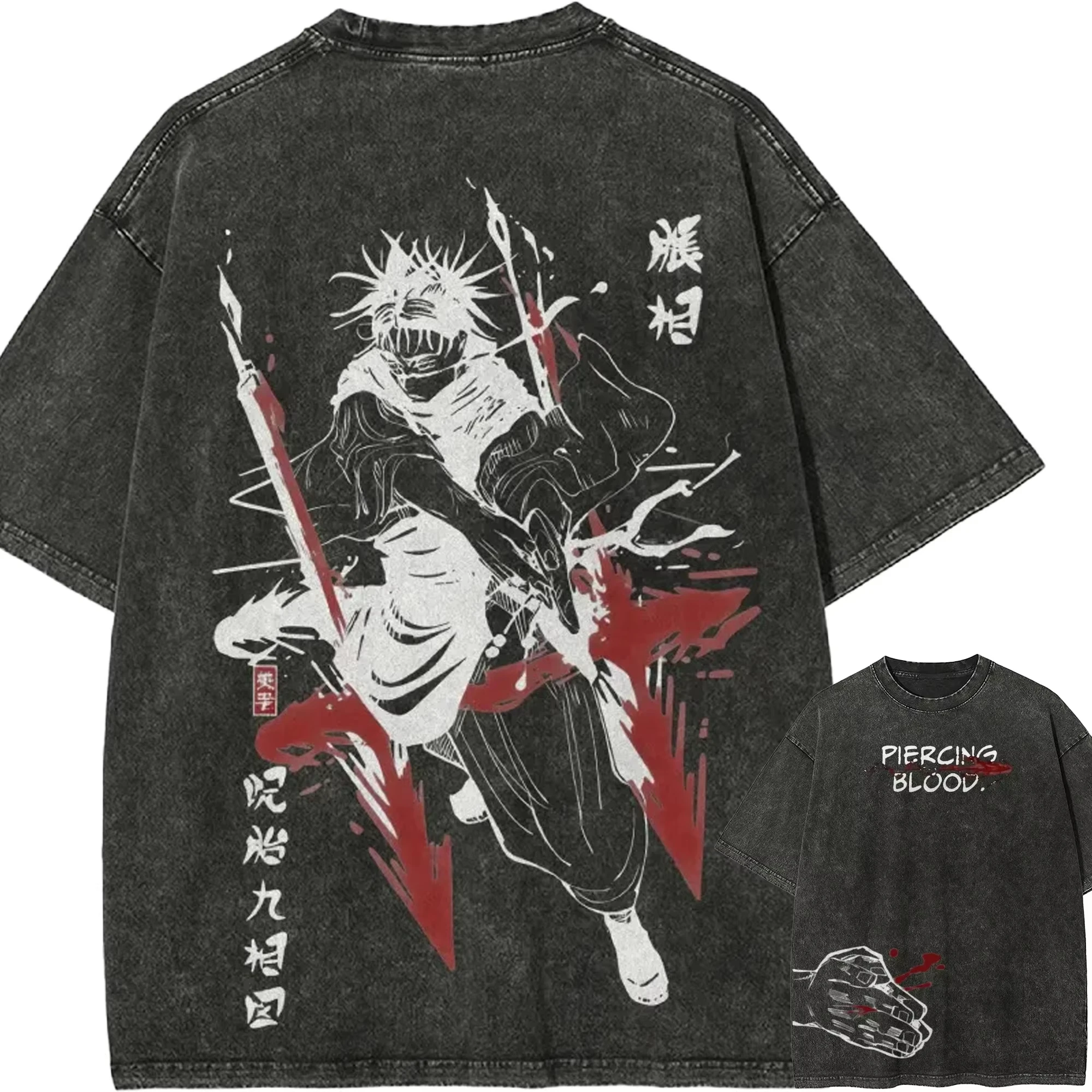 Choso Piercing Blood T-shirt Jujutsu Kaisen Graphic Tee Vintage Washed Oversized Retro Anime Harajuku Men Streetwear Top Clothes