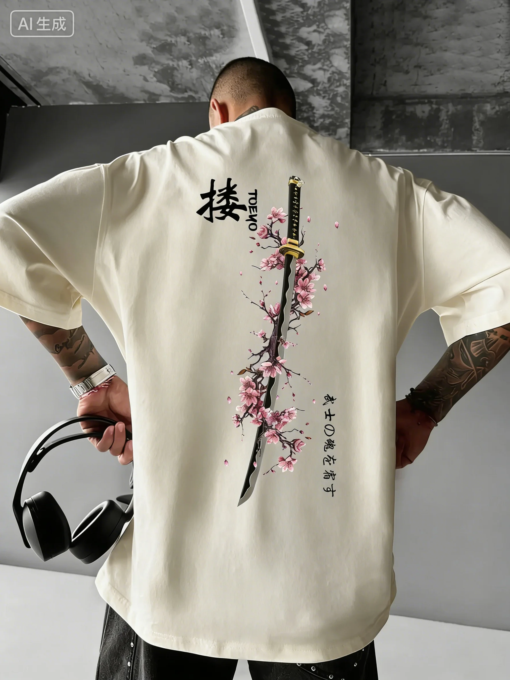 Summer Men's Japanese Samurai Sword Cherry Blossom Print T-Shirt 100% Cotton Round Neck Short Sleeve Breathable Loose Casual