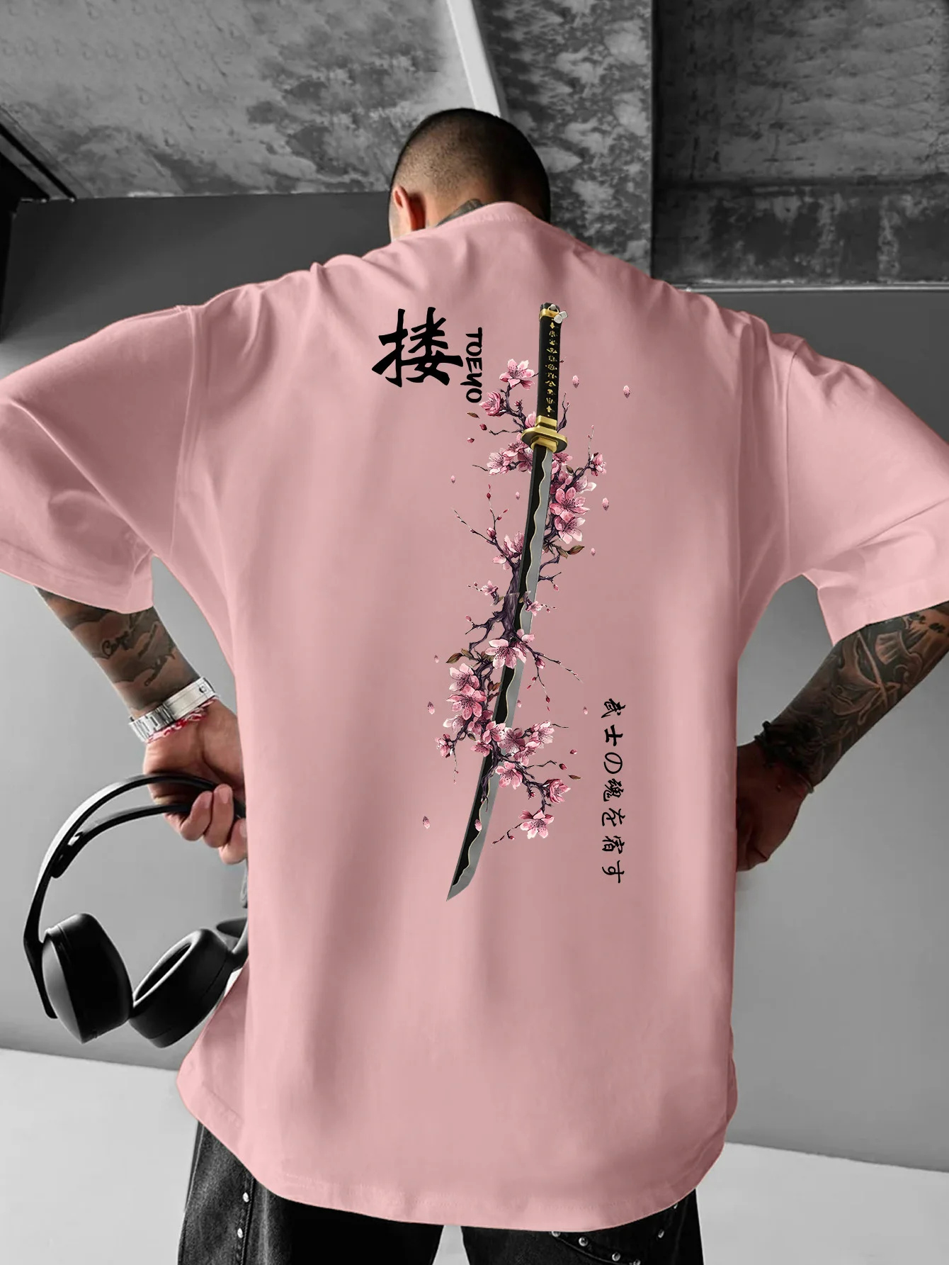 Summer Men's Japanese Samurai Sword Cherry Blossom Print T-Shirt 100% Cotton Round Neck Short Sleeve Breathable Loose Casual