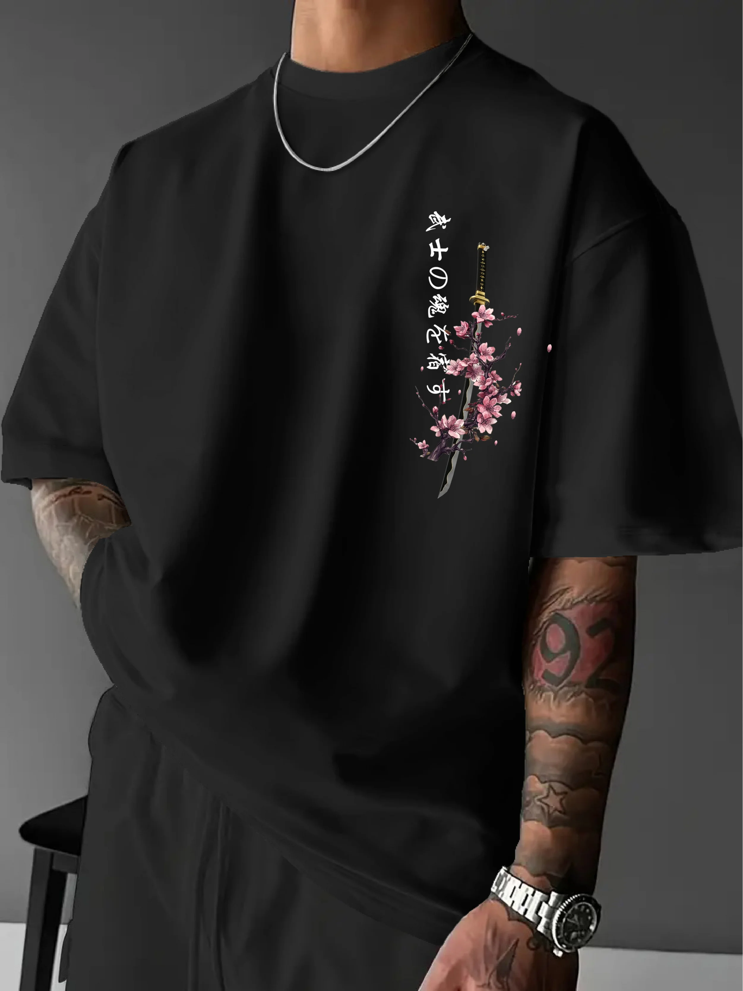 Summer Men's Japanese Samurai Sword Cherry Blossom Print T-Shirt 100% Cotton Round Neck Short Sleeve Breathable Loose Casual
