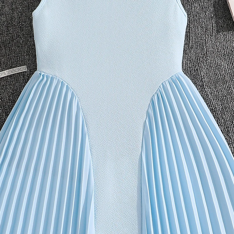 Elegant Girls Summer Sleeveless Midi Dress 8-12Y, Hot Selling Light Blue Pleated Dress with Shoulder Bow for Party Daily