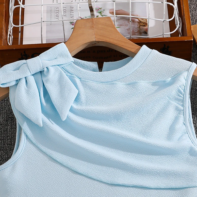 Elegant Girls Summer Sleeveless Midi Dress 8-12Y, Hot Selling Light Blue Pleated Dress with Shoulder Bow for Party Daily