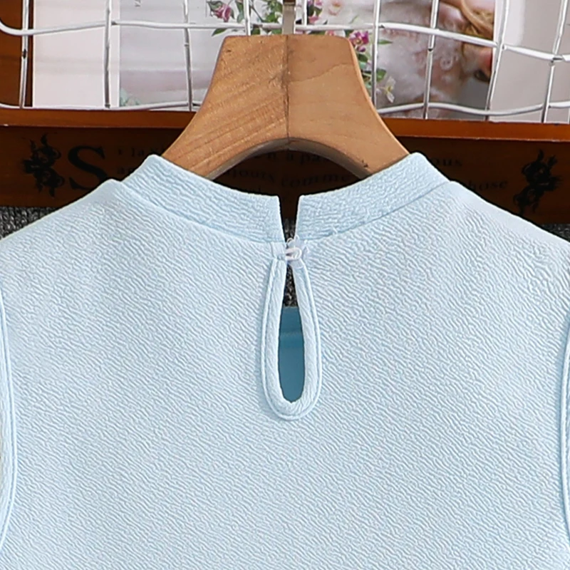 Elegant Girls Summer Sleeveless Midi Dress 8-12Y, Hot Selling Light Blue Pleated Dress with Shoulder Bow for Party Daily