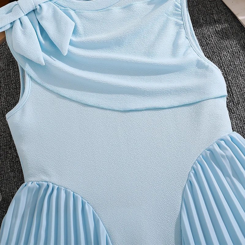 Elegant Girls Summer Sleeveless Midi Dress 8-12Y, Hot Selling Light Blue Pleated Dress with Shoulder Bow for Party Daily