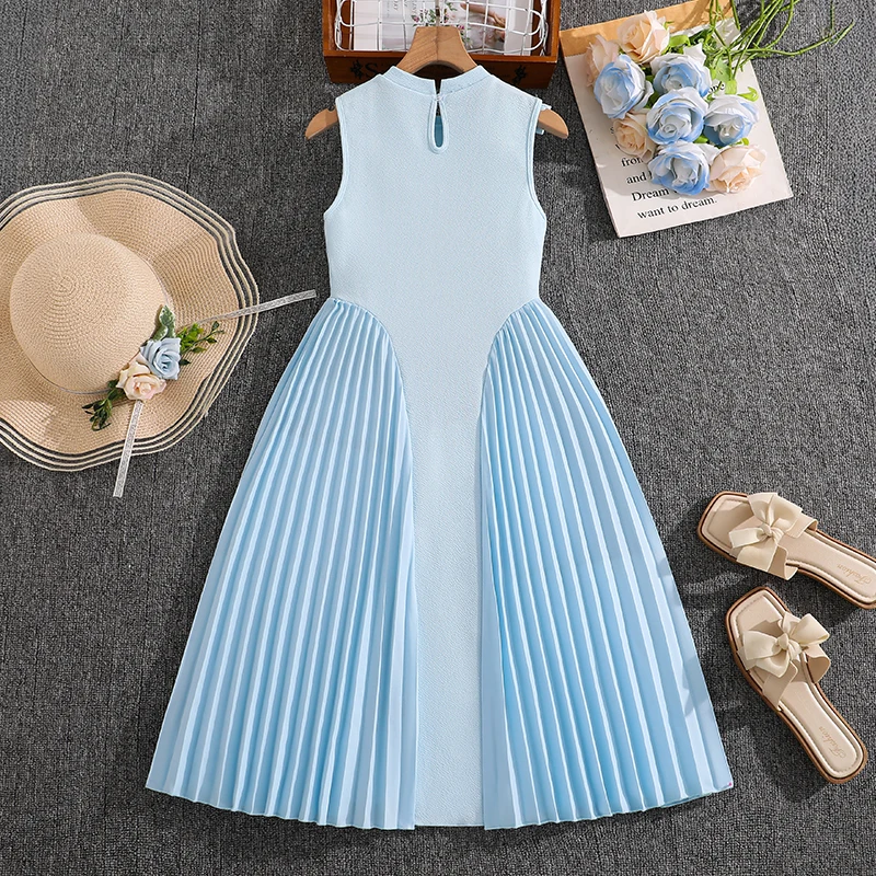 Elegant Girls Summer Sleeveless Midi Dress 8-12Y, Hot Selling Light Blue Pleated Dress with Shoulder Bow for Party Daily