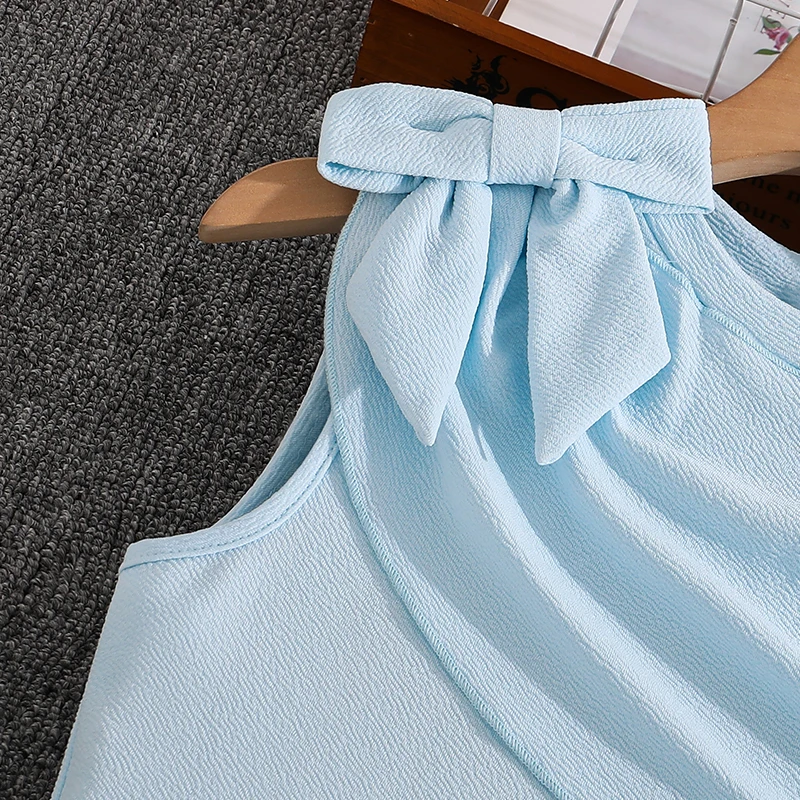 Elegant Girls Summer Sleeveless Midi Dress 8-12Y, Hot Selling Light Blue Pleated Dress with Shoulder Bow for Party Daily