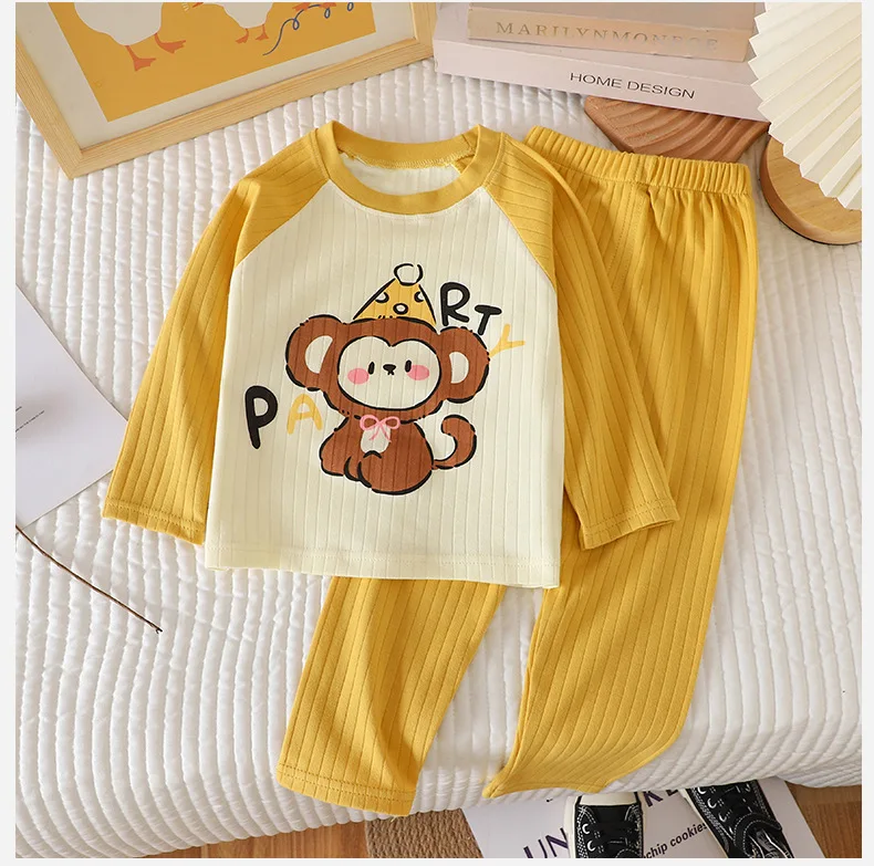 O-neck T-shirt Tops +Pants Pajamas Autumn Underwear Clothing Sets New Baby Boys Girls Warm Pajamas Kids Cute Cartoon Animal