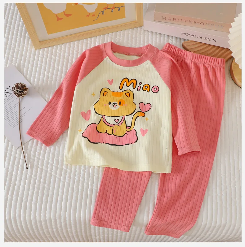 O-neck T-shirt Tops +Pants Pajamas Autumn Underwear Clothing Sets New Baby Boys Girls Warm Pajamas Kids Cute Cartoon Animal