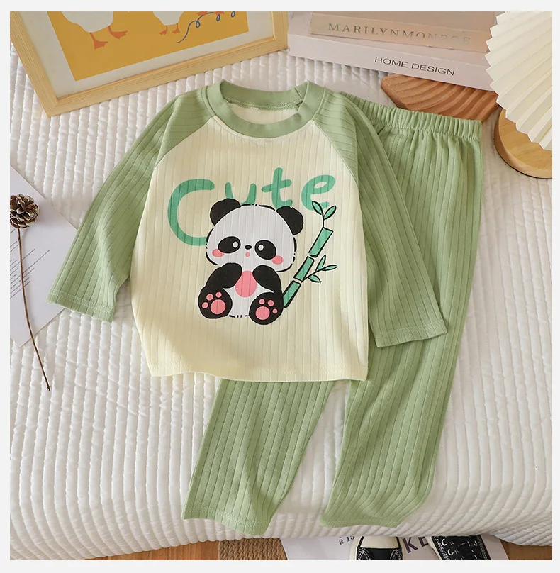 O-neck T-shirt Tops +Pants Pajamas Autumn Underwear Clothing Sets New Baby Boys Girls Warm Pajamas Kids Cute Cartoon Animal