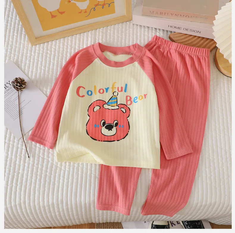 O-neck T-shirt Tops +Pants Pajamas Autumn Underwear Clothing Sets New Baby Boys Girls Warm Pajamas Kids Cute Cartoon Animal
