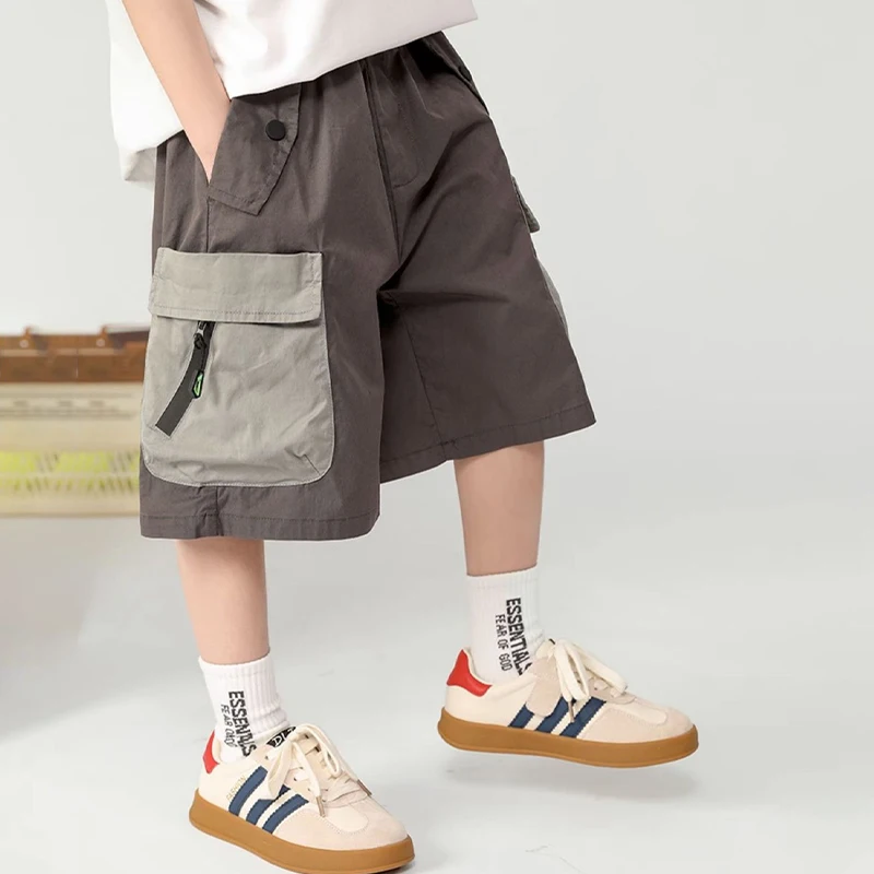 New Teens Boys Summer Cargo Shorts 3-12 Years Kids Fashion Zipper Pocket Knee-length Pants Casual Outdoor Thin Cotton Trousers