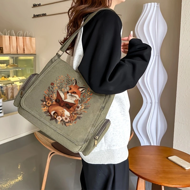 Vintage Womens Messenger Bag Fox Reading Book Print Canvas Large Capacity Daily Use Travel Crossbody Bag