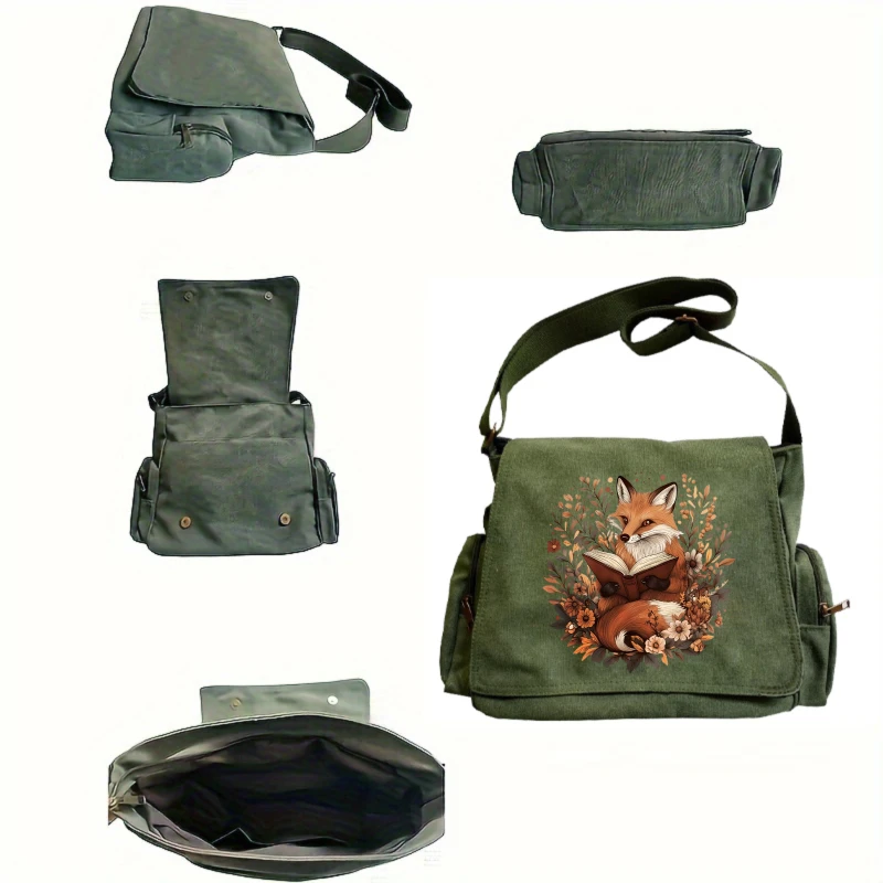Vintage Womens Messenger Bag Fox Reading Book Print Canvas Large Capacity Daily Use Travel Crossbody Bag