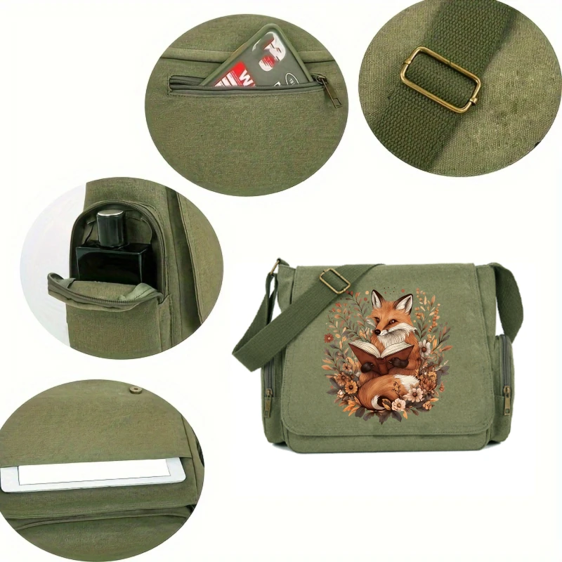 Vintage Womens Messenger Bag Fox Reading Book Print Canvas Large Capacity Daily Use Travel Crossbody Bag