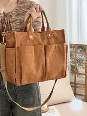 Corduroy Crossbody Tote Bag Stylish Commuter Shoulder Bag with Multiple Spacious Pockets Handbag for Women