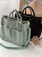 Corduroy Crossbody Tote Bag Stylish Commuter Shoulder Bag with Multiple Spacious Pockets Handbag for Women