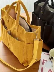 Corduroy Crossbody Tote Bag Stylish Commuter Shoulder Bag with Multiple Spacious Pockets Handbag for Women