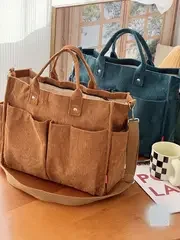 Corduroy Crossbody Tote Bag Stylish Commuter Shoulder Bag with Multiple Spacious Pockets Handbag for Women