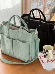 Corduroy Crossbody Tote Bag Stylish Commuter Shoulder Bag with Multiple Spacious Pockets Handbag for Women