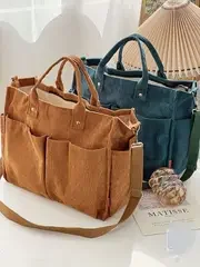 Corduroy Crossbody Tote Bag Stylish Commuter Shoulder Bag with Multiple Spacious Pockets Handbag for Women