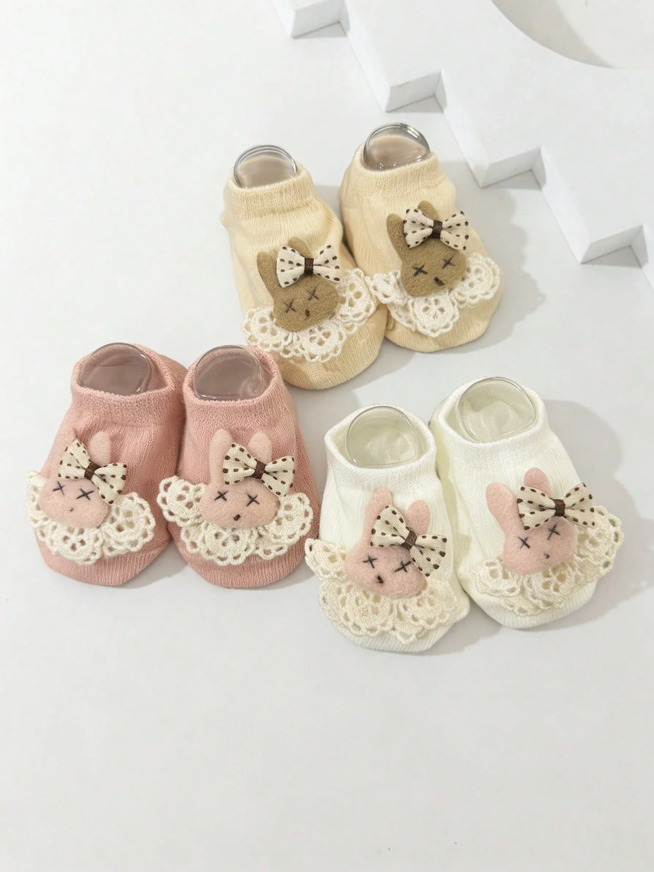 3/5 Pairs of Child Cute Little Rabbit Decorative Plain-Color Boat Socks, Ankle Socks Are Suitable for 0-24m Babies for Daily Wear